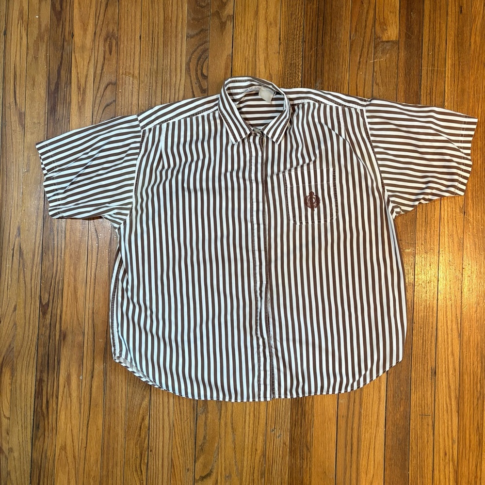 Vintage Men's Short-Sleeve Button-Up Shirt in Brown and White Stripes - Size XL
